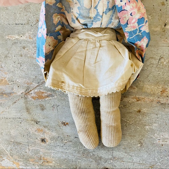 ♥️ Antique ♥️ Old Red Pink - Blue Stitched Face Rag Doll - Picture 8 of 13